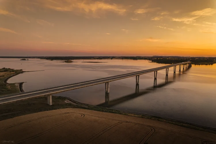 Dronefoto fra luften af "FjordLink" Kronprinsesse Marys Bro – kunstnerisk geometri og sommerstemning 2022