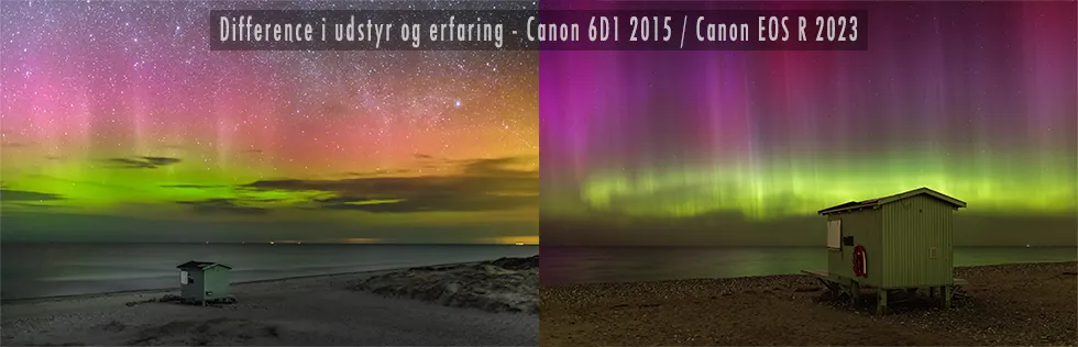 Liseleje-nordlys_sammenligning Fotografering af Mælkevej og Nordlys_Samme lokation med Nordlys i Liseleje - dog med 8 års mellemrum med en himmel til forskel og opgradering af både erfaring og udstyr