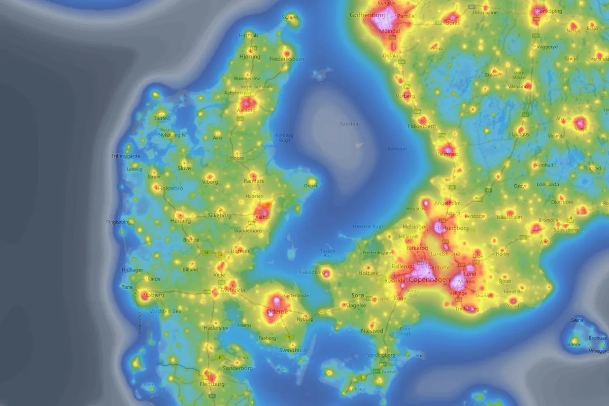 Nattehimlen i Danmark - et Lightpollution Map - en oversigt over lysforurening som hæmmer fotografen der jagter mælkevej - Nordlys og generelt astro fotografering.