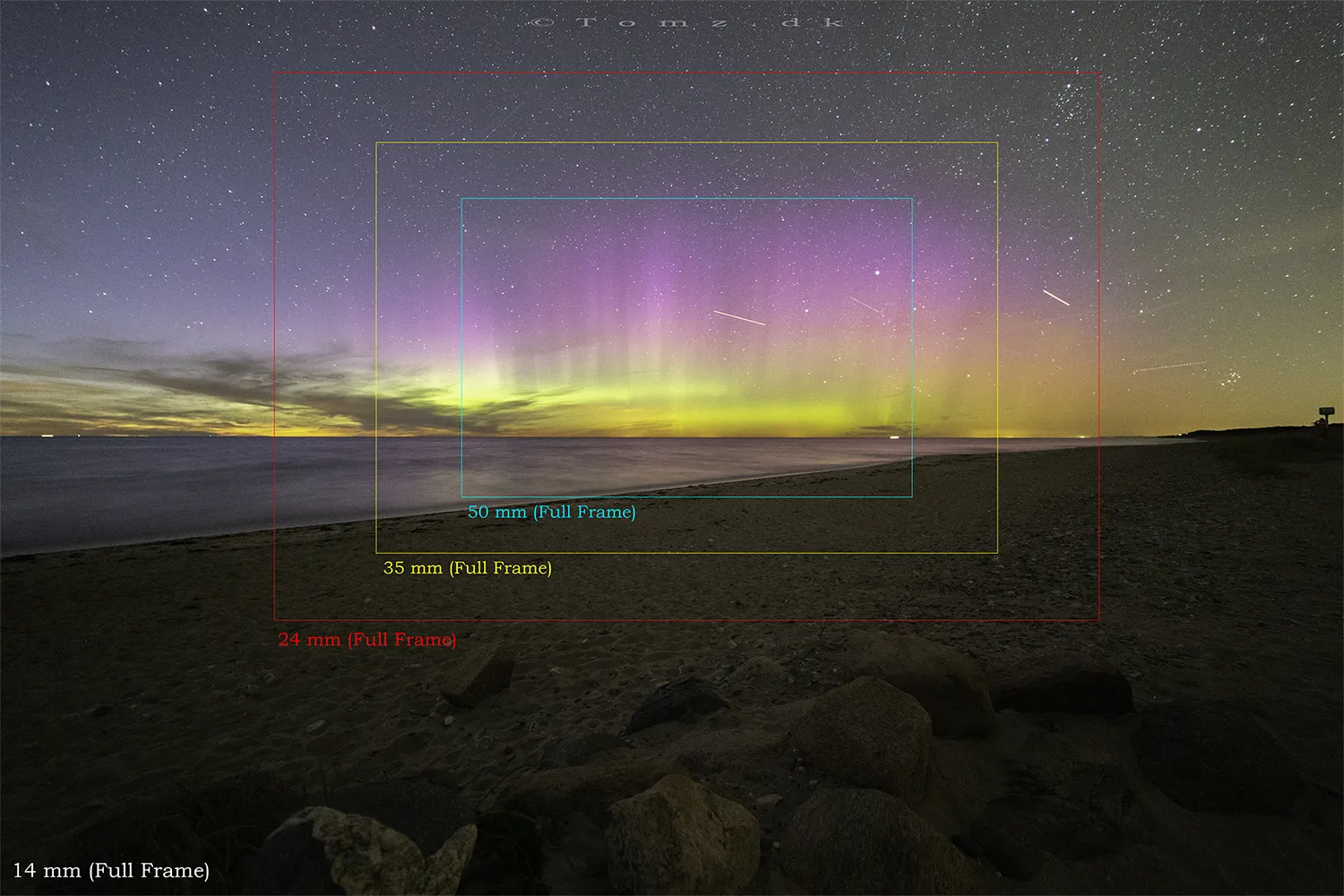 Nordlys i Danmark - Framing af objektiver på full-frame kamera af Nordlys i Danmark med 14-24-35-50mm objektiver