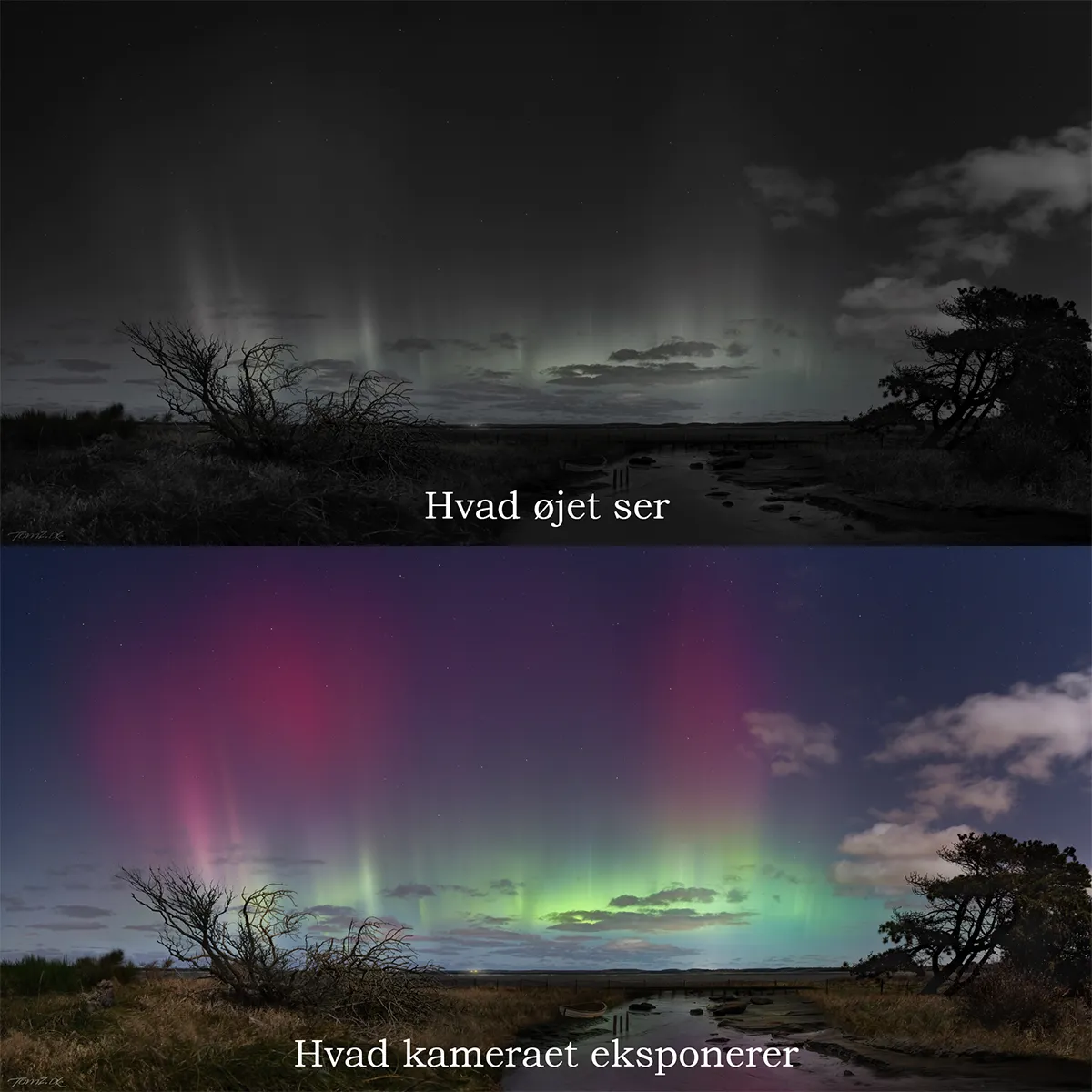 Nordlys i Danmark - Kan man se Nordlys - KP-index afhængigt ved Nordlys varsel - Hvad øjet ser kontra det kameraet eksponerer i mørket.