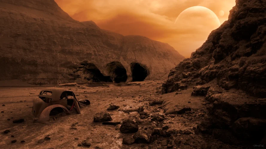 Vandringsmanden i Nuclear Canyon udforsker et surrealistisk landskab mellem fantasi, symbolik og postapokalyptiske omgivelser