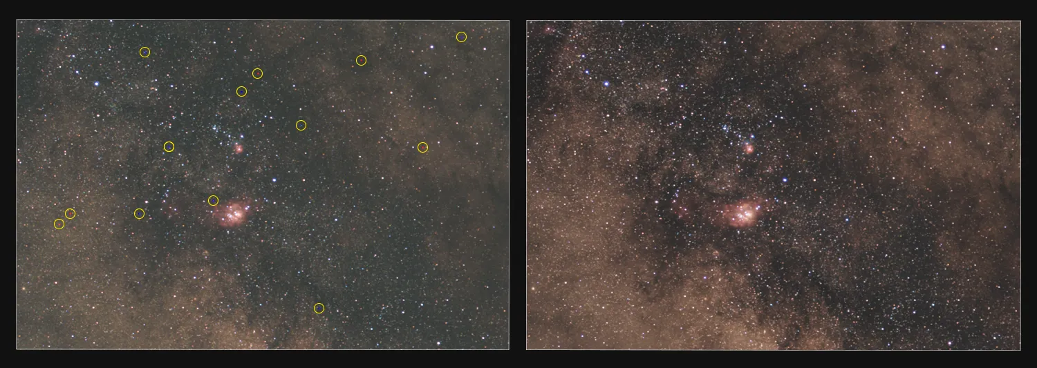 200 % forstørrelse af astrofoto af Mælkevejen med og uden kalibreringsfiler, fotograferet med Sigma 28mm