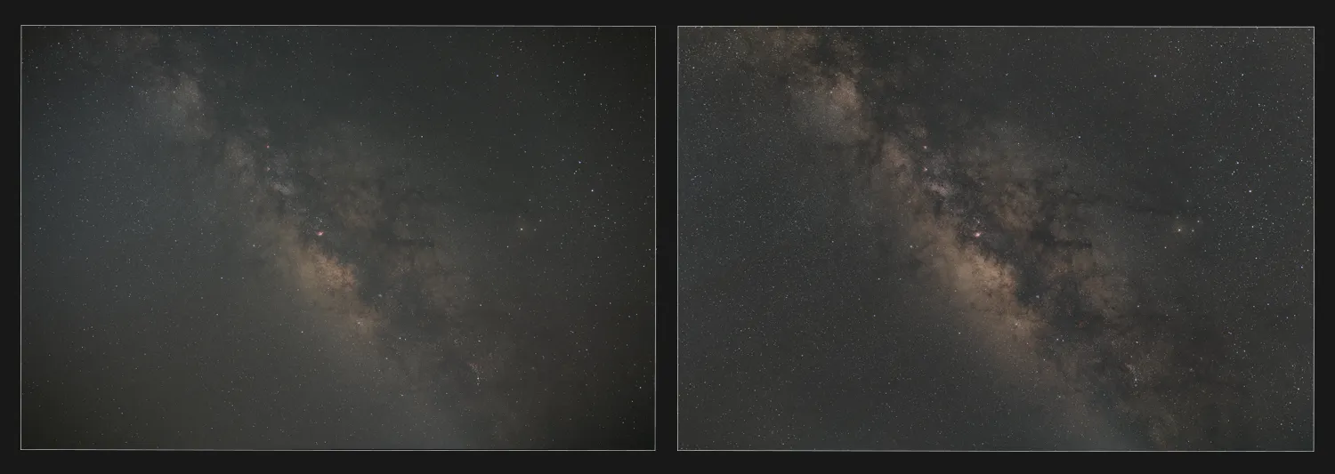 Eksempel på astrofoto af Mælkevejen med og uden kalibreringsfiler, fotograferet med Sigma 28mm