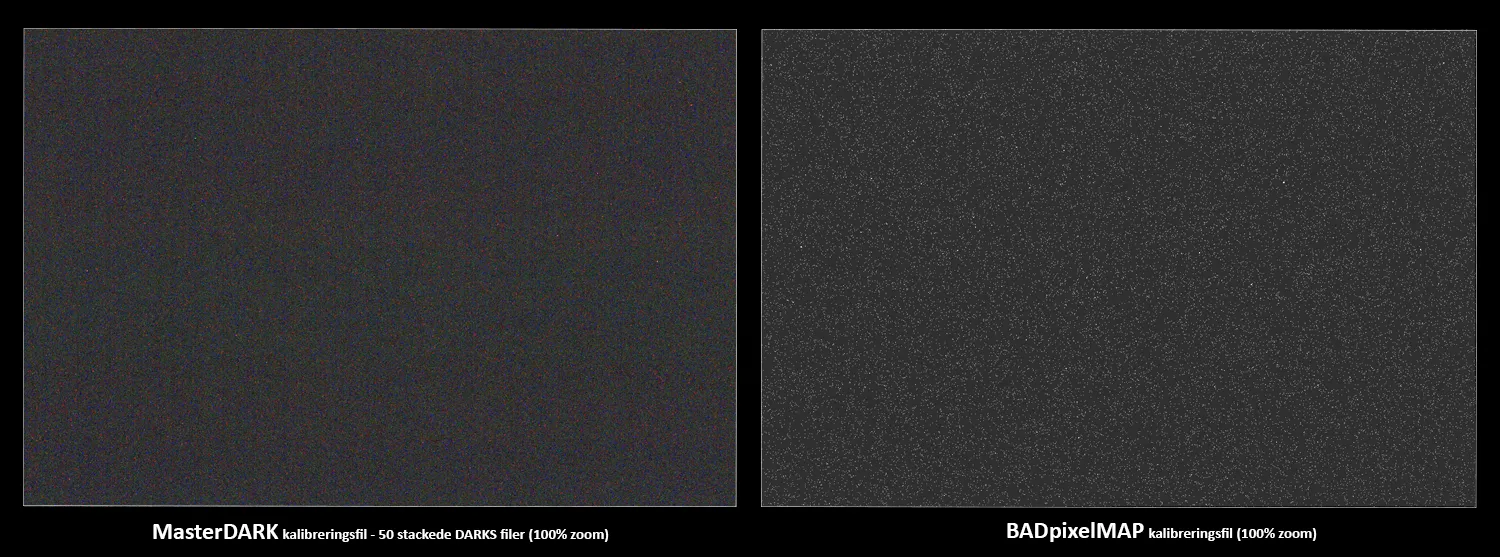 Eksempel på Darks og Bad Pixel Map kalibreringsfiler til astrofotografi